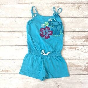 Girls Size 7 Summer Romper Outfit Shorts Blue Hawaiian Flower Floral Print SO
